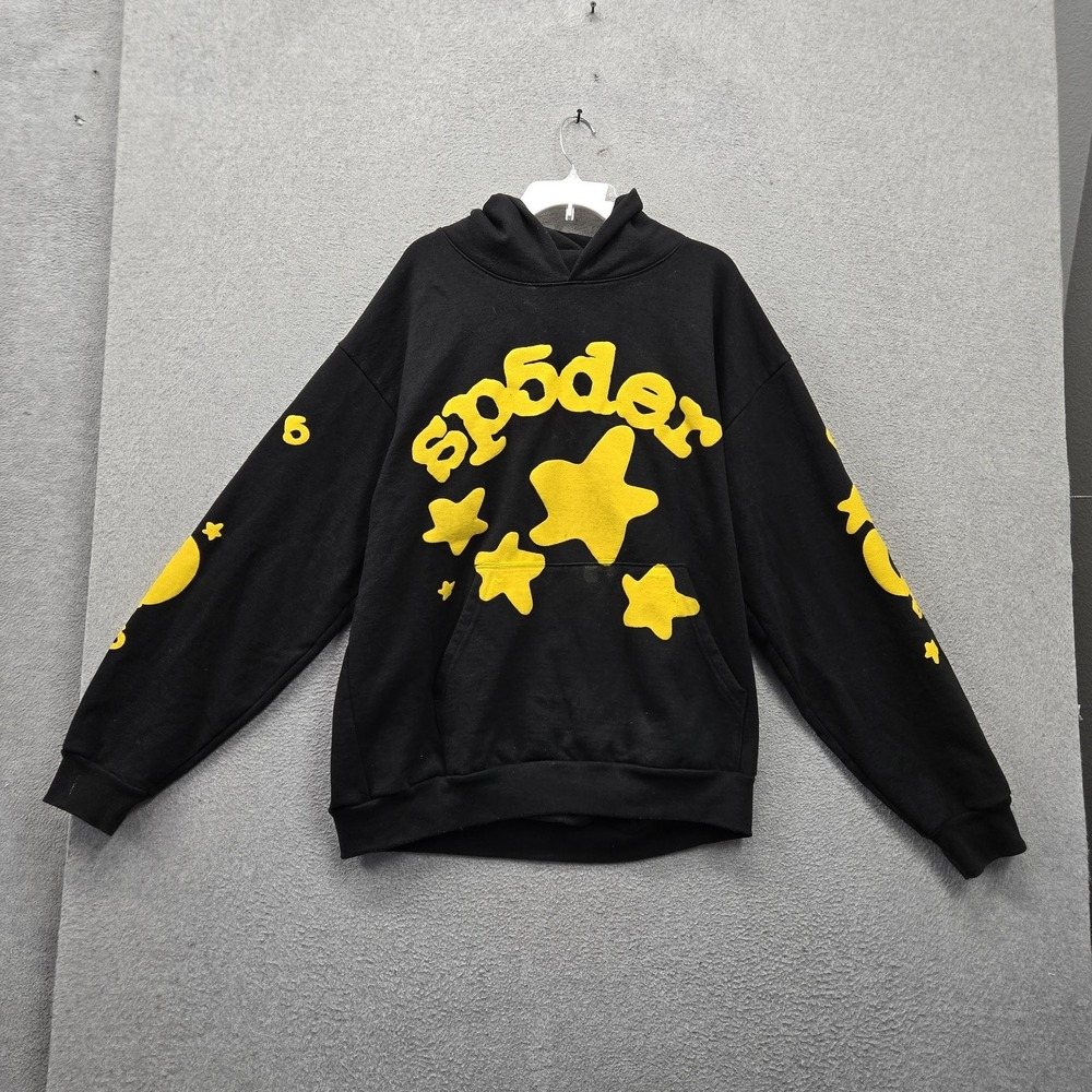 Sp5der Men Hoodie XL Black Stars Logo Graphic Print Fleece Pullover Streetwear